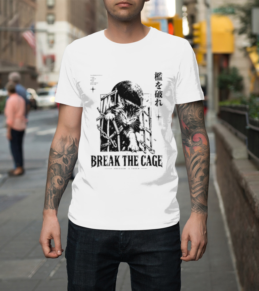 Break The Cage Freedom Is Taken Cat Kanji T-Shirt