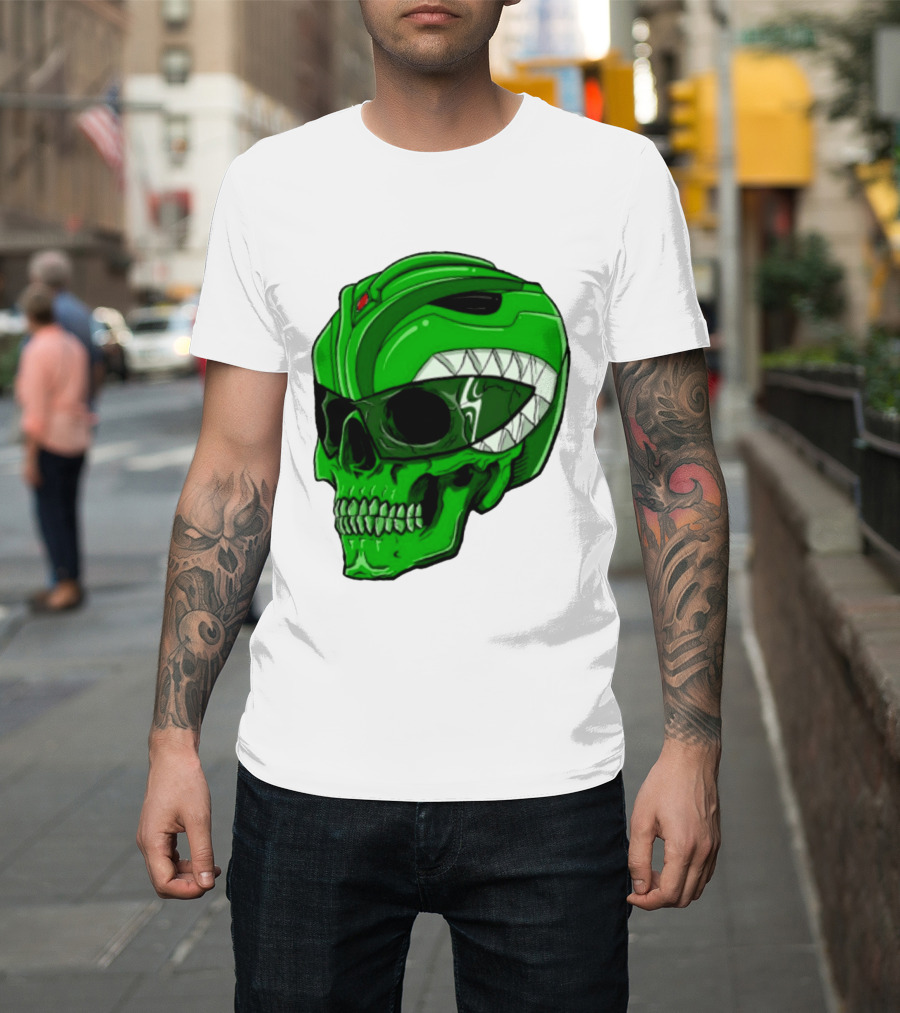 Mighty Morphin Power Rangers Green Ranger Zombie Skull Helmet Mashup T-Shirt