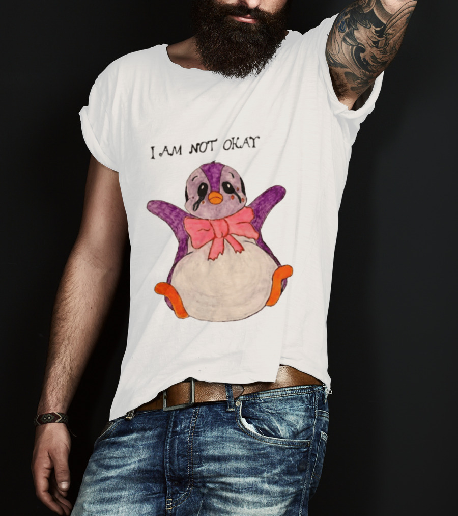 I Am Not Okay Crying Penguin Aesthetic Bow Tearful Purple Orange T-Shirt