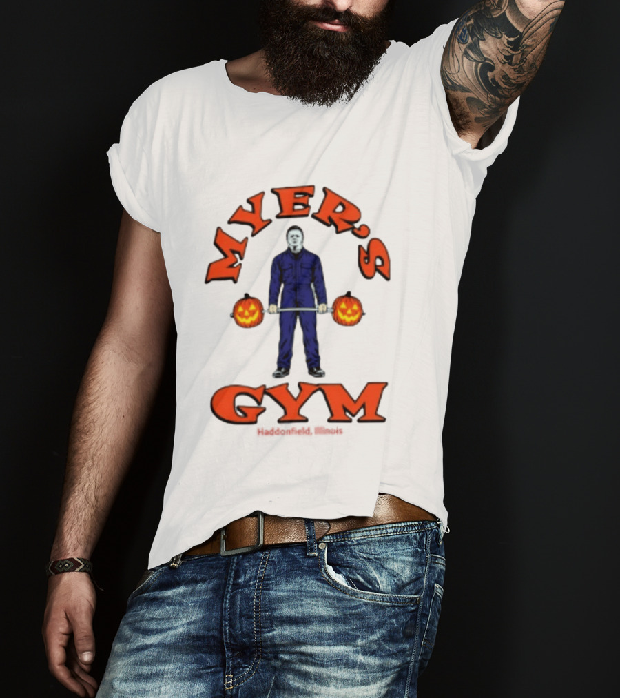 Myers's Gym Haddonfield Illinois Michael Myers Jack O' Lantern Weightlifting Halloween T-Shirt