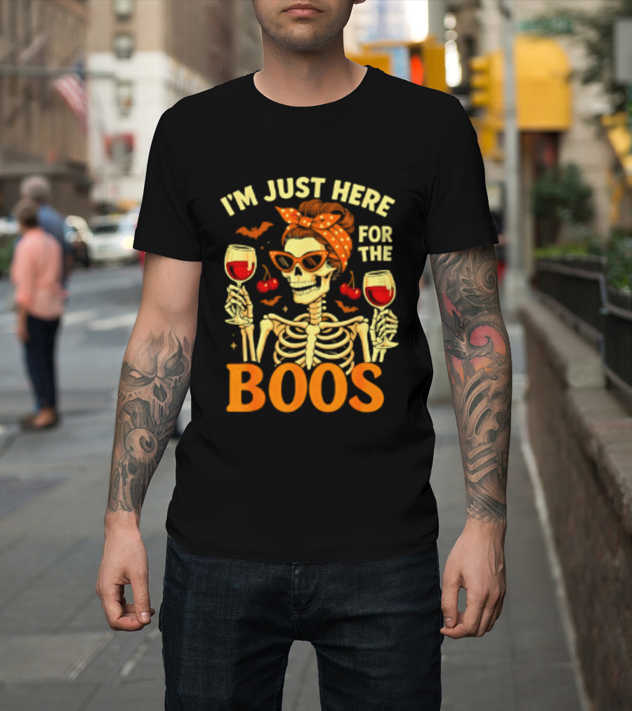 I'm Just Here For The Boos Skeleton Wine Cherries Halloween T-Shirt