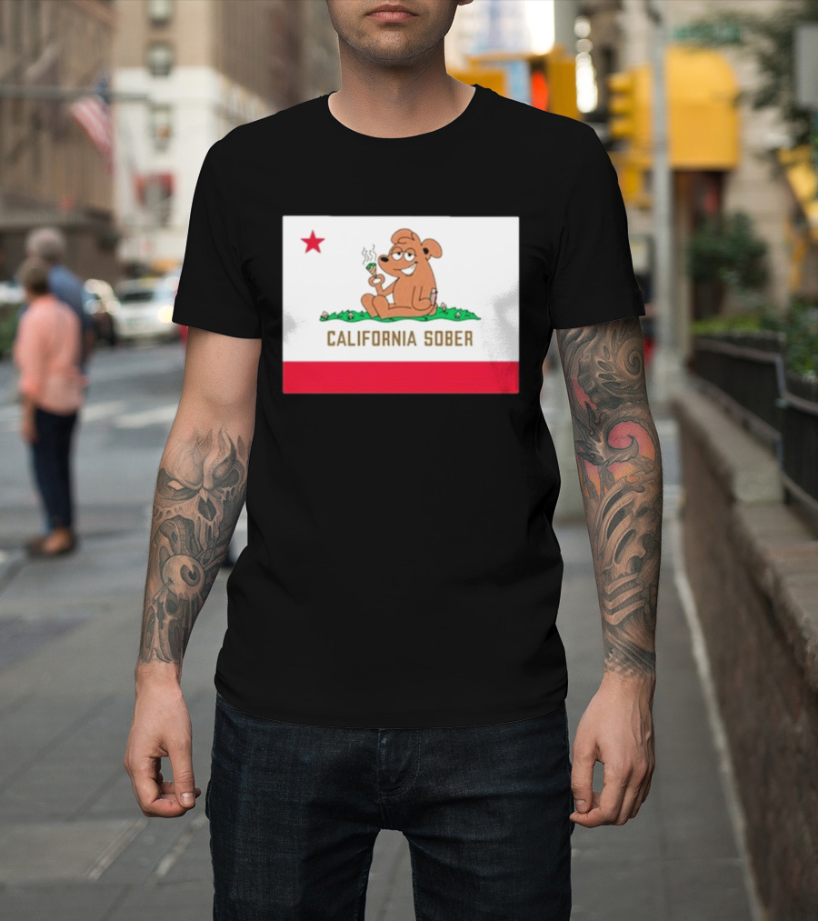 California Sober Bear With Joint And Drink State Flag T-Shirt