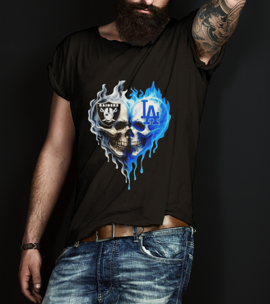 Las Vegas Raiders Los Angeles Dodgers Skulls Heart Blue Flames T-Shirt