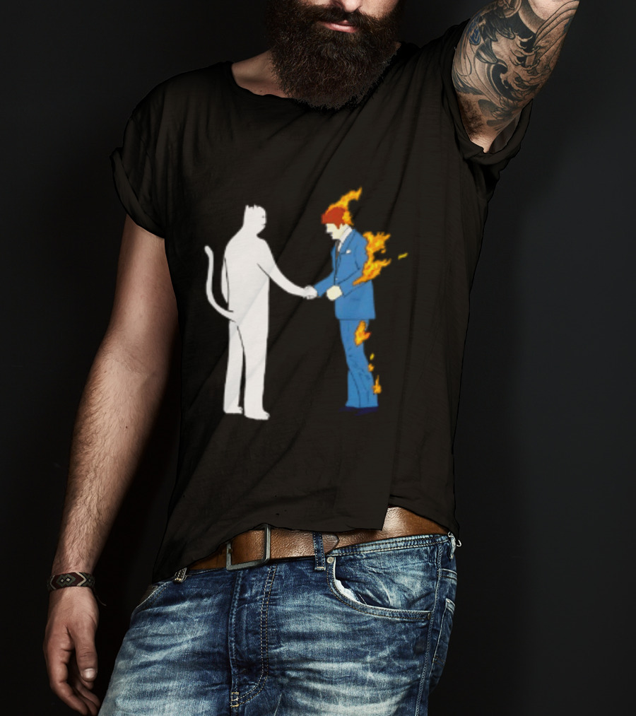Rip N Dip Cat Handshake Burning Man Suit On Fire T-Shirt