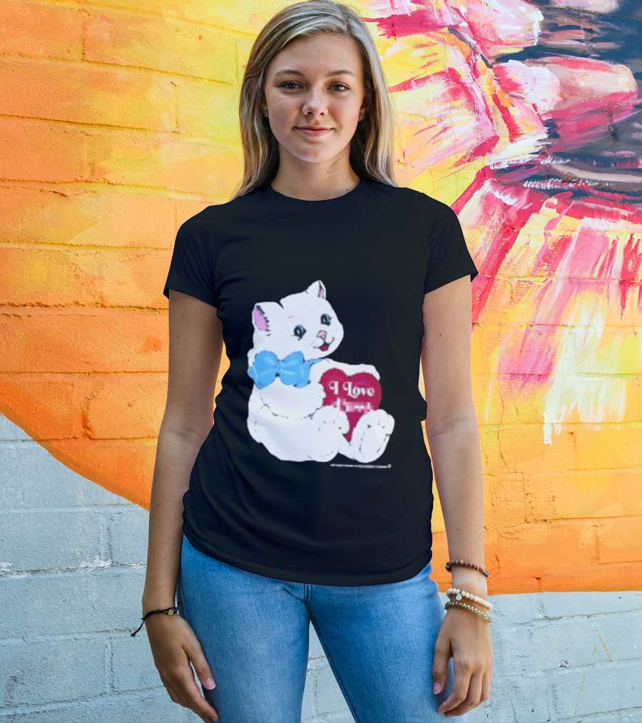 I Love Pussy Cats Heart Blue Bow Adorable White Kitten T-Shirt