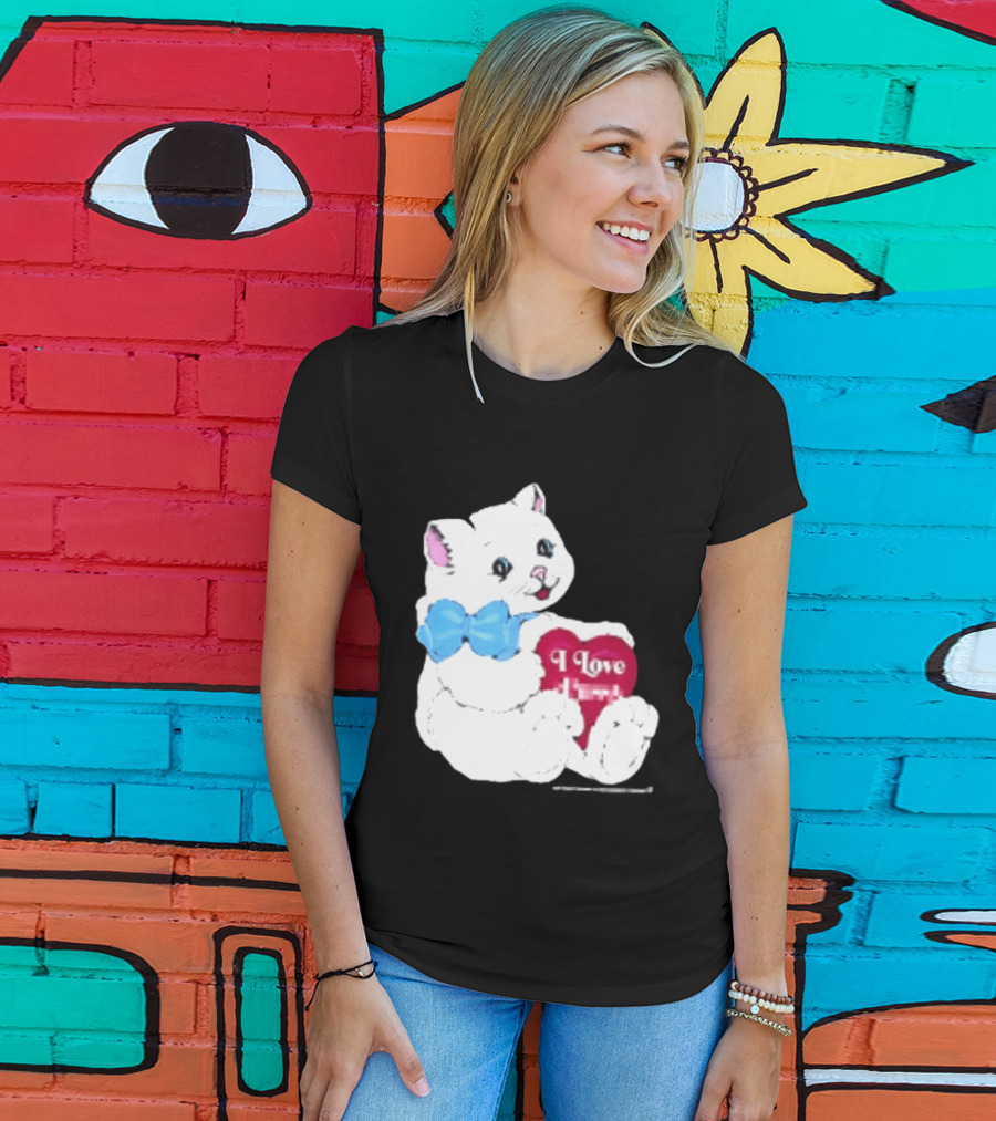 I Love Pussy Cats Heart Blue Bow Adorable White Kitten T-Shirt