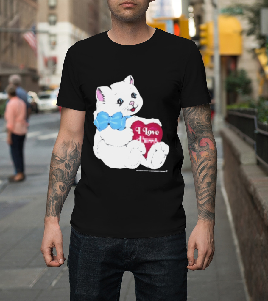 I Love Pussy Cats Heart Blue Bow Adorable White Kitten T-Shirt