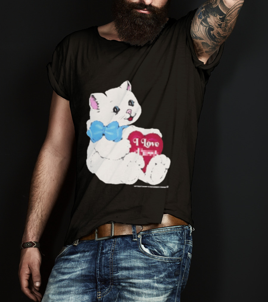 I Love Pussy Cats Heart Blue Bow Adorable White Kitten T-Shirt