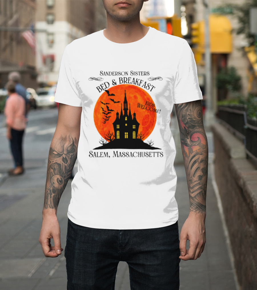 Sanderson Sisters Bed And Breakfast Kids Welcome Salem Massachusetts Halloween Bats Haunted House T-Shirt