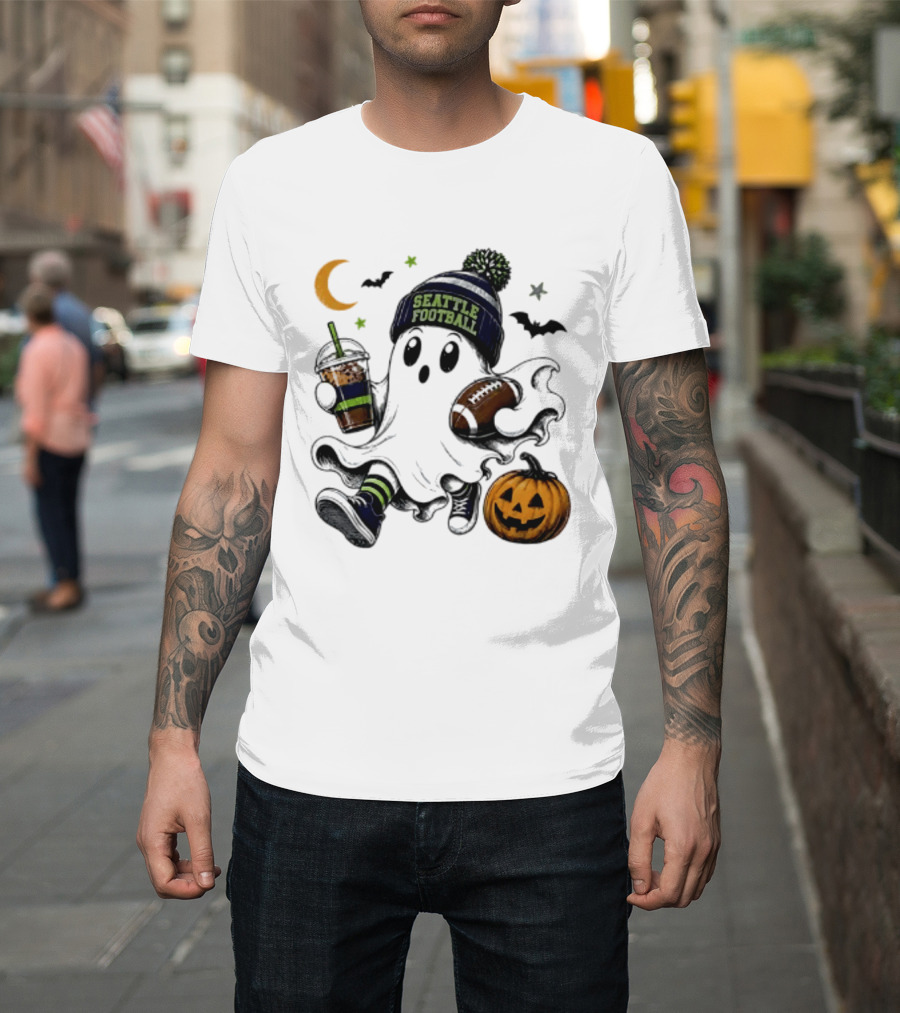 Seattle Football Halloween Ghost With Pumpkin Coffee And Moon T-Shirt