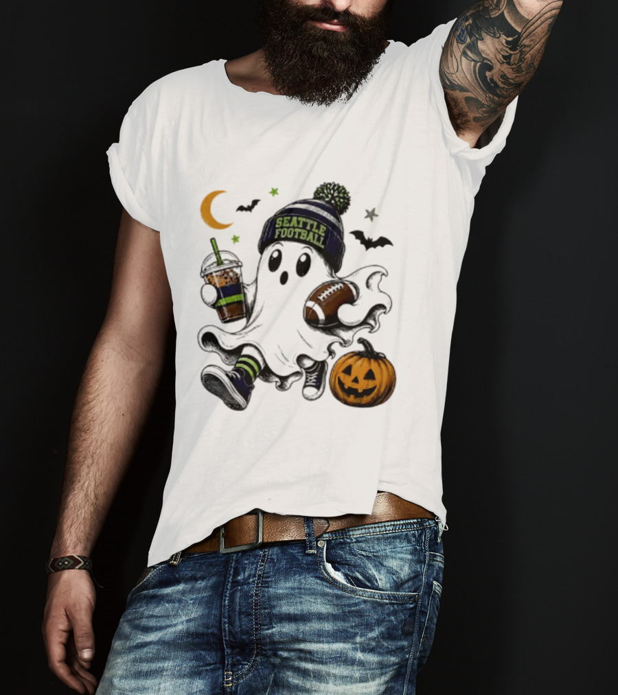 Seattle Football Halloween Ghost With Pumpkin Coffee And Moon T-Shirt