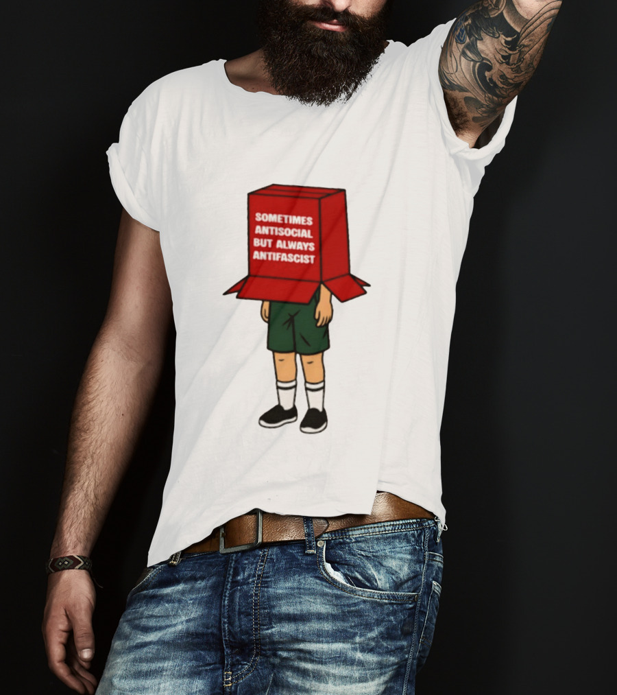 Sometimes Antisocial But Always Antifascist Box Head Cartoon T-Shirt