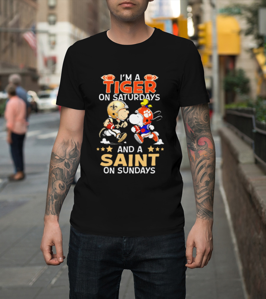 Tiger On Saturdays And Saint On Sundays Football Peanuts Characters T-Shirt