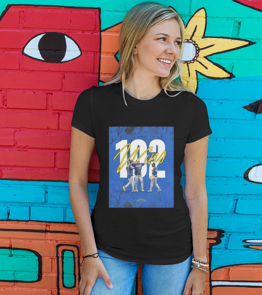 Milwaukee Brewers 102 Wins Blue Background Team Celebration T-Shirt