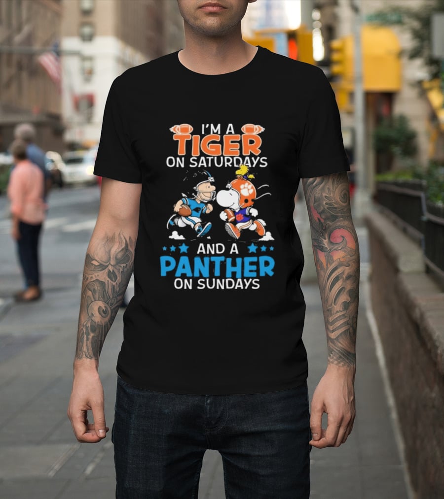 Charlie Brown Snoopy Tiger Saturdays Panther Sundays Football T-Shirt