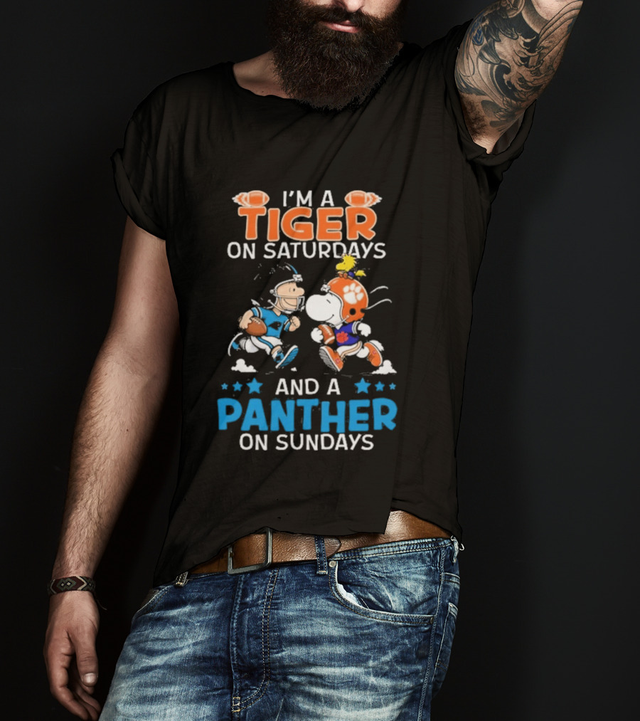 Charlie Brown Snoopy Tiger Saturdays Panther Sundays Football T-Shirt