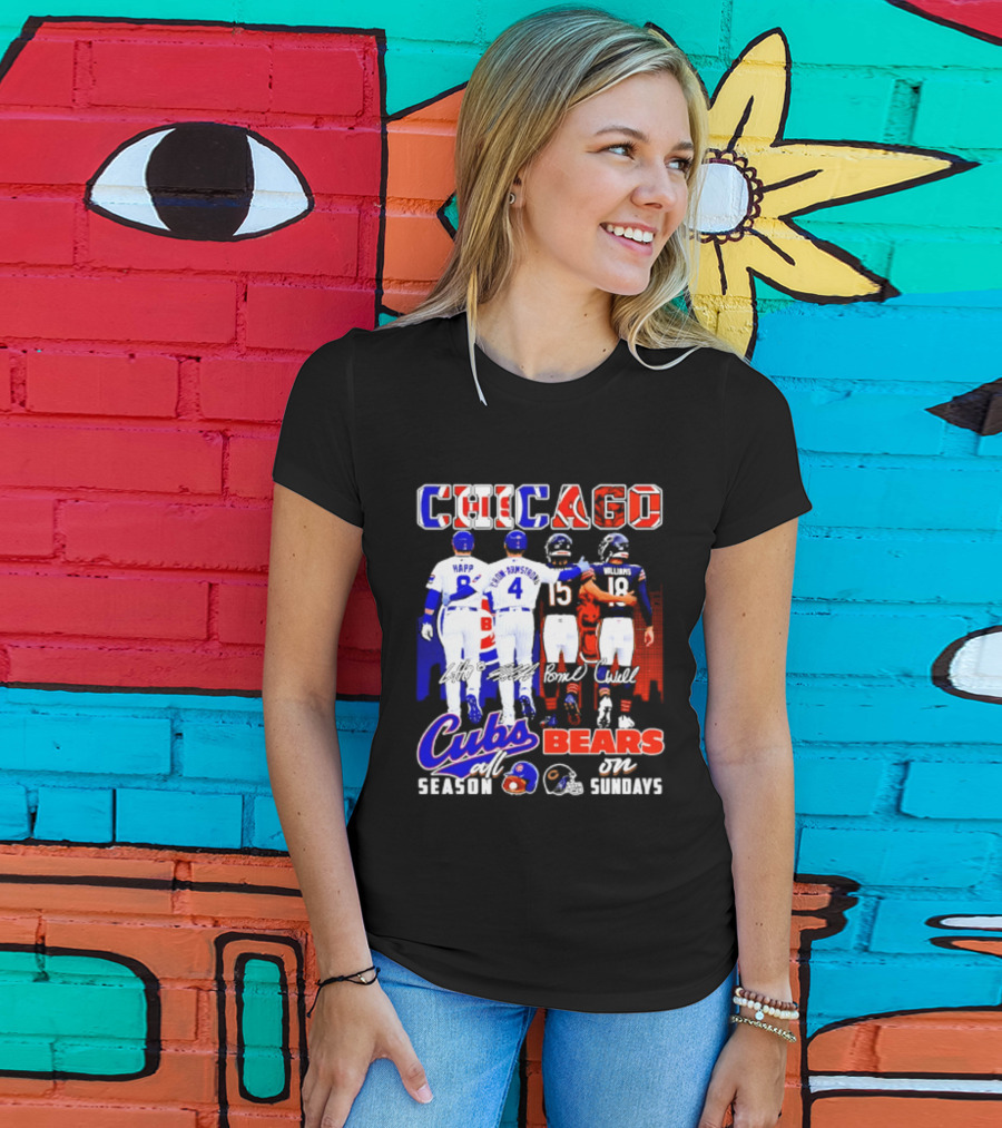 Chicago Cubs Happ And Bote Bears Fields And Moore Signature Skyline Sundays All Season T-Shirt