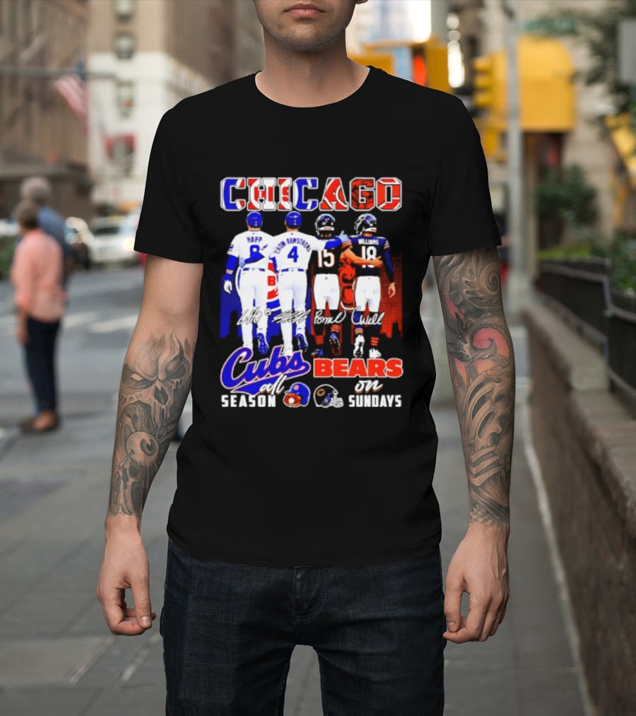 Chicago Cubs Happ And Bote Bears Fields And Moore Signature Skyline Sundays All Season T-Shirt