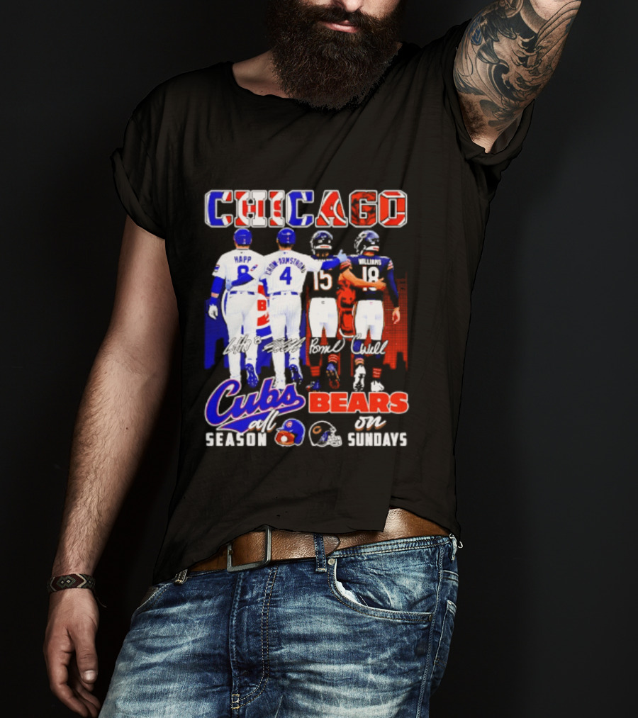 Chicago Cubs Happ And Bote Bears Fields And Moore Signature Skyline Sundays All Season T-Shirt