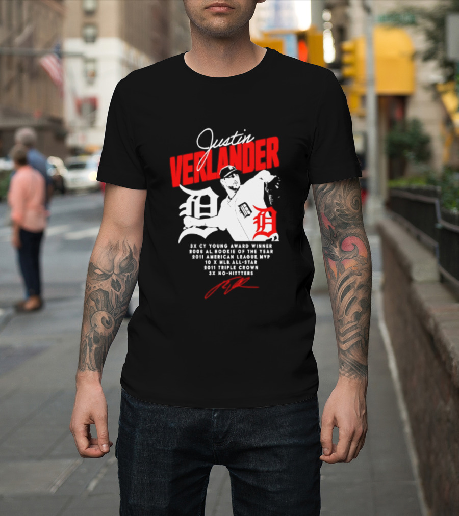 Detroit Tigers Justin Verlander No Hitter AL Rookie MVP Cy Young Winner MLB Career T-Shirt