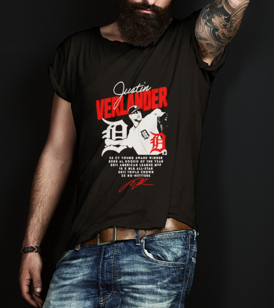 Detroit Tigers Justin Verlander No Hitter AL Rookie MVP Cy Young Winner MLB Career T-Shirt