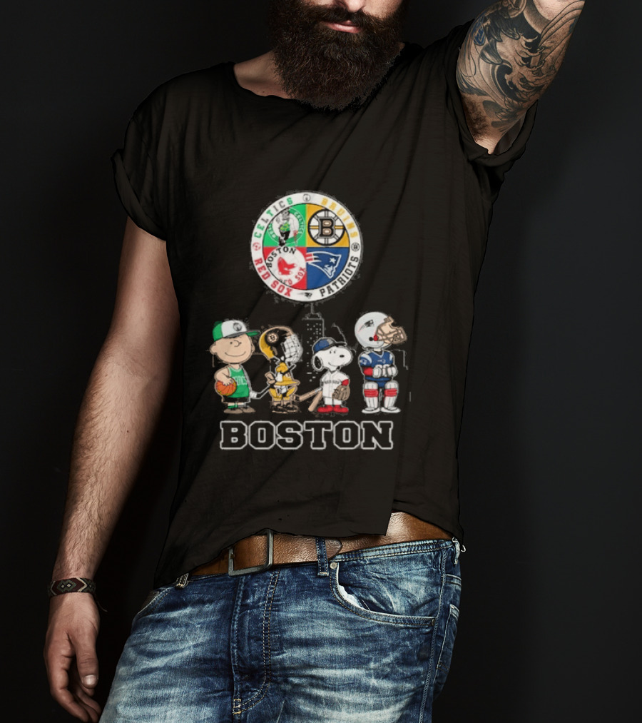Boston Celtics Bruins Red Sox Patriots Cartoon Characters Skyline Sports T-Shirt
