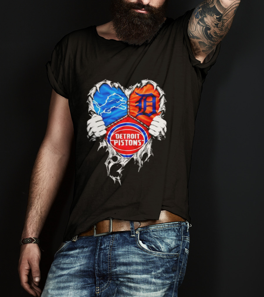 Detroit Lions Tigers Pistons Heart Scratch Mashup T-Shirt