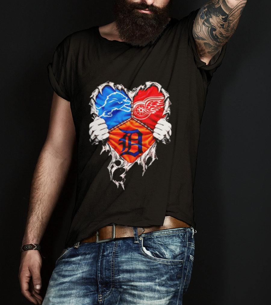Detroit Lions Red Wings Tigers Heart Scratch Mashup T-Shirt