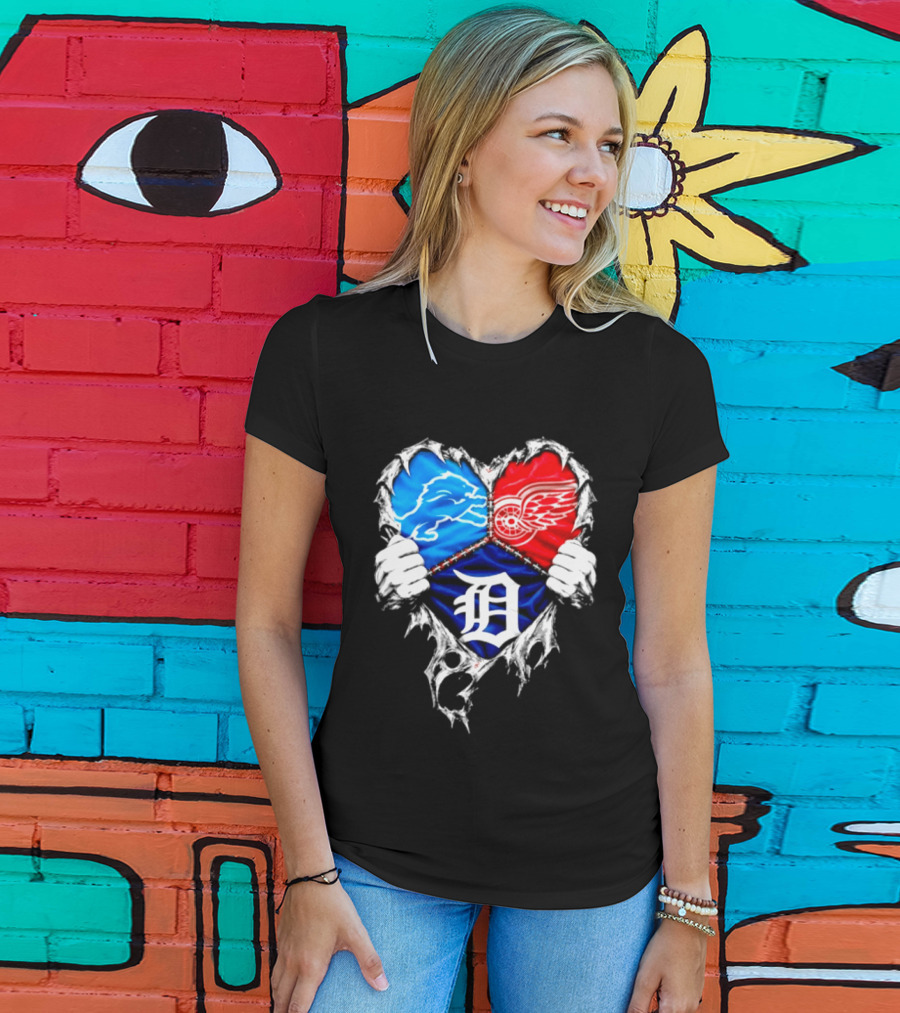 Detroit Lions Red Wings Tigers Heart Scratch Mashup T-Shirt