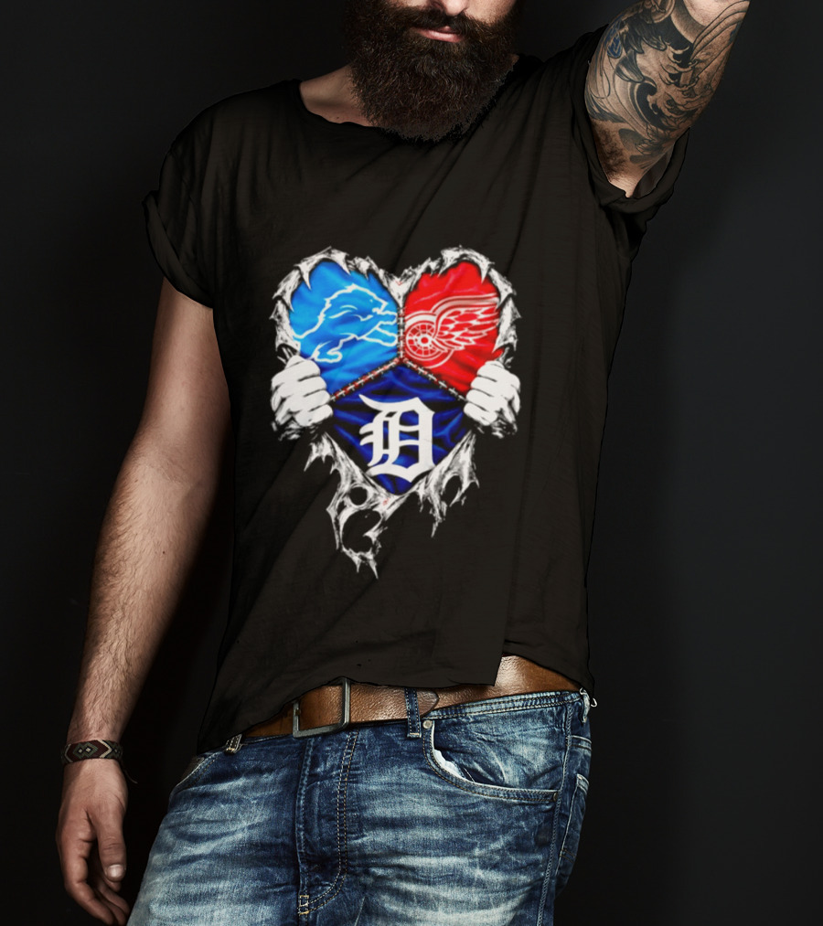 Detroit Lions Red Wings Tigers Heart Scratch Mashup T-Shirt