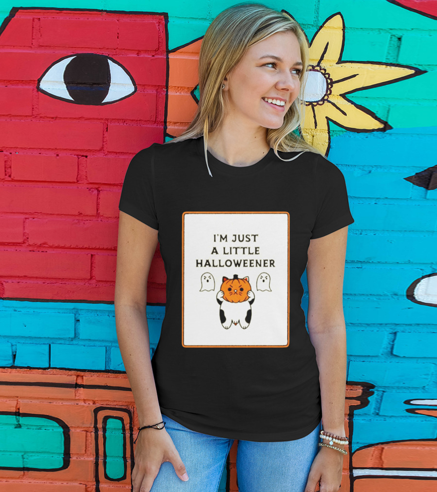 I'm Just A Little Halloweener Cat Holding Pumpkin Face With Ghosts T-Shirt