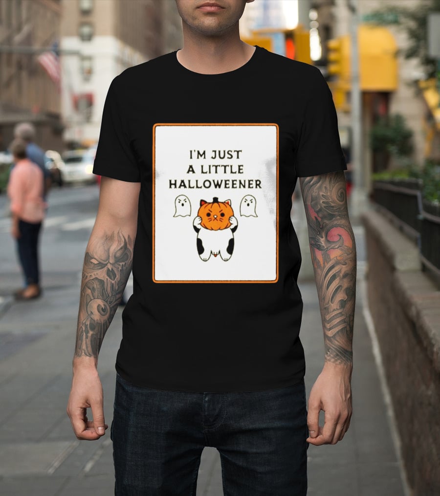 I'm Just A Little Halloweener Cat Holding Pumpkin Face With Ghosts T-Shirt