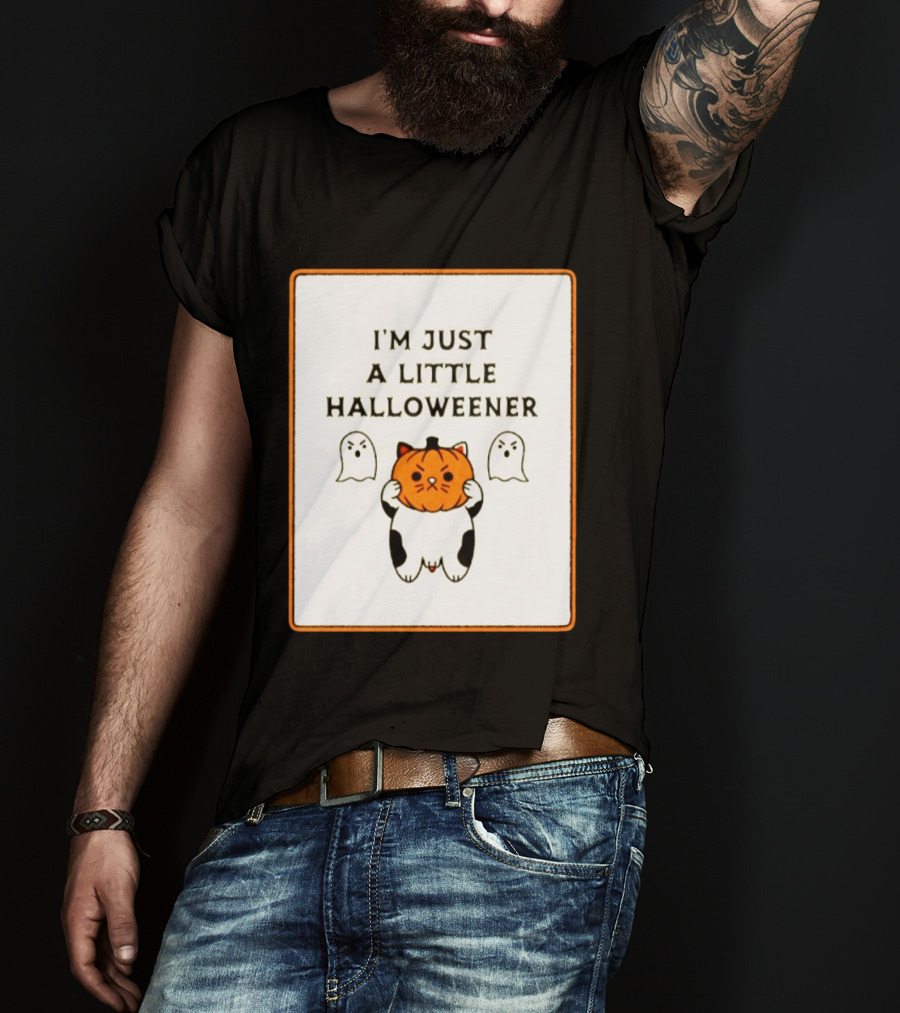 I'm Just A Little Halloweener Cat Holding Pumpkin Face With Ghosts T-Shirt