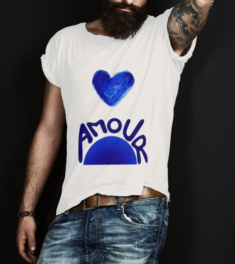 Amour Blue Heart French Love Watercolor T-Shirt