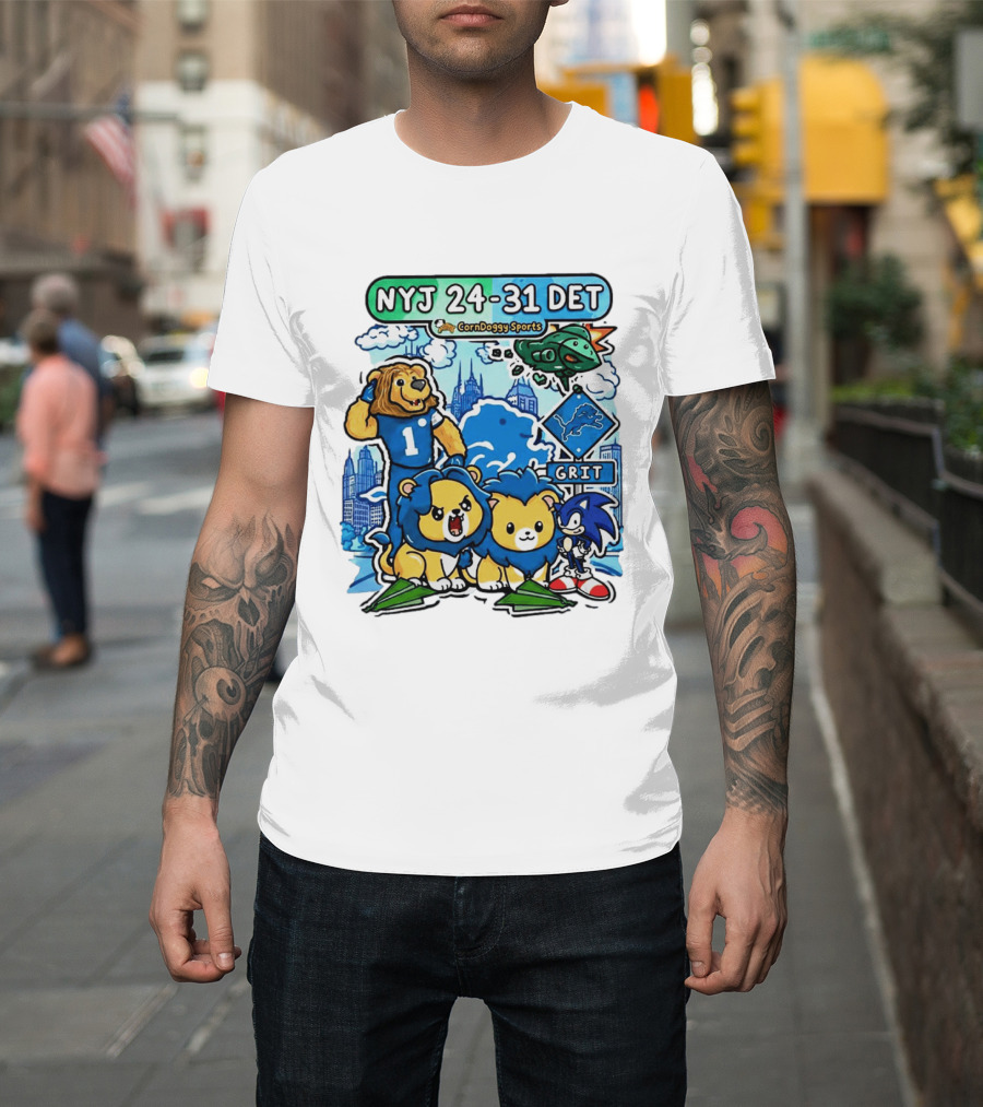NYJ 24 31 DET Corndoggy Sports Grit Lions Cityscape T-Shirt