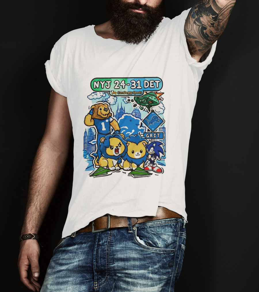 NYJ 24 31 DET Corndoggy Sports Grit Lions Cityscape T-Shirt
