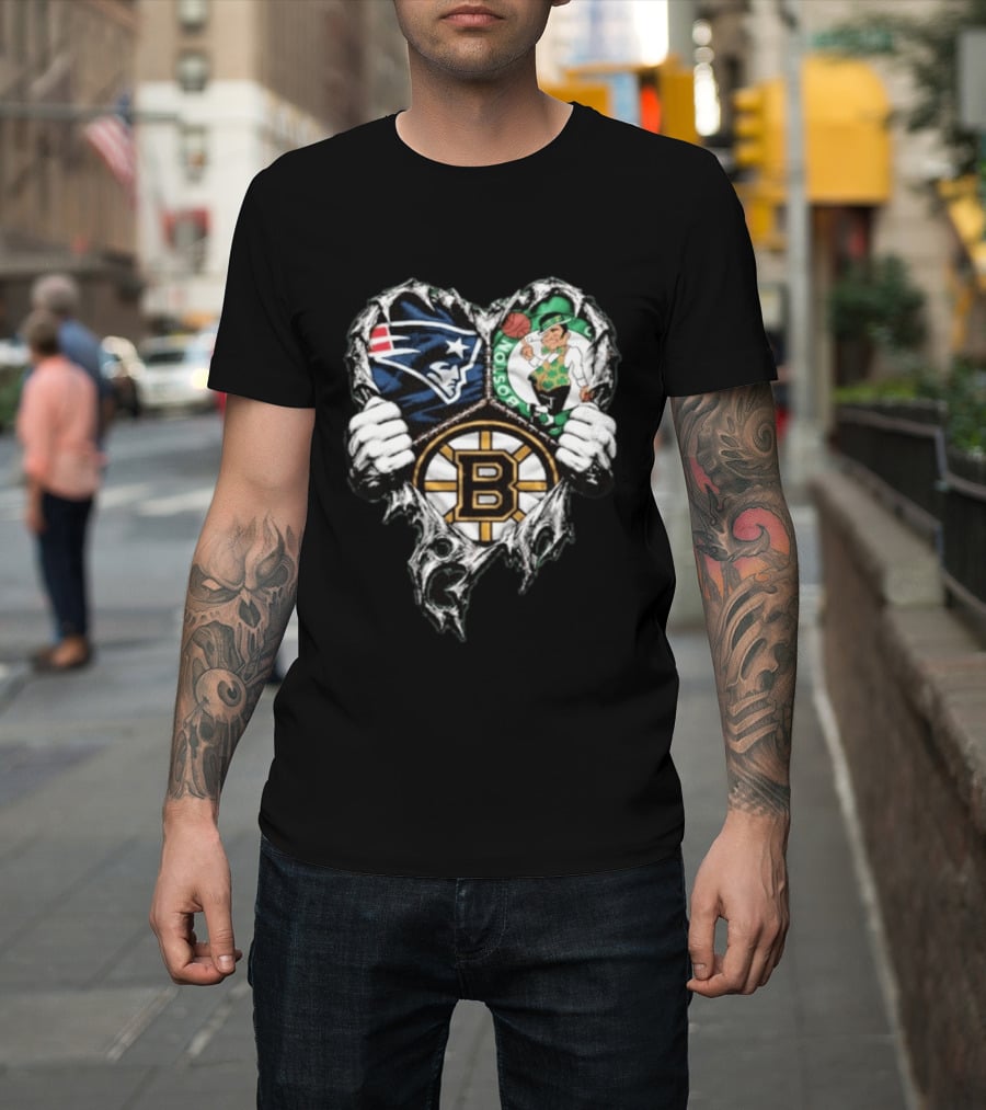 New England Patriots Boston Celtics Boston Bruins Ripped Heart Triple Team Sports T-Shirt