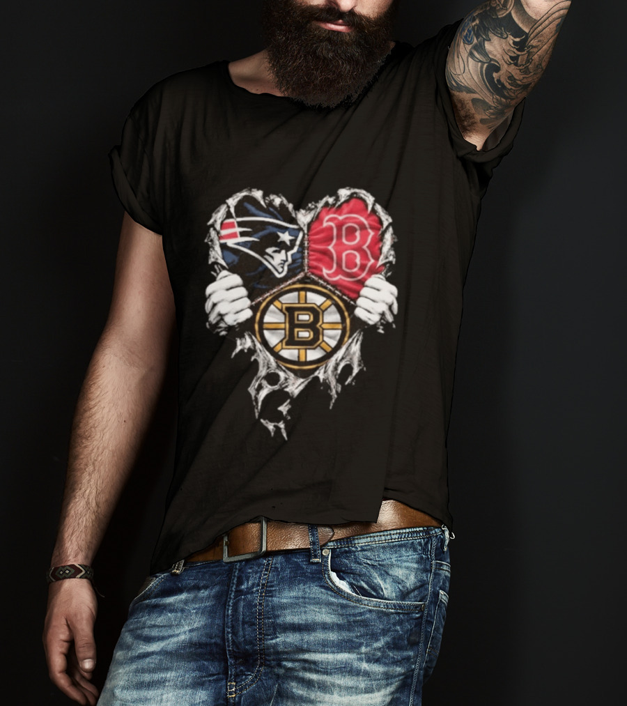 New England Patriots Boston Red Sox Boston Bruins Heart Iconic Trio T-Shirt