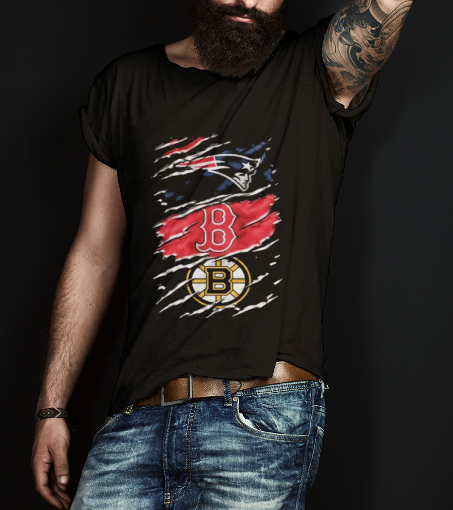 New England Patriots Boston Red Sox Boston Bruins Ripped Distressed Triple Team Sports T-Shirt