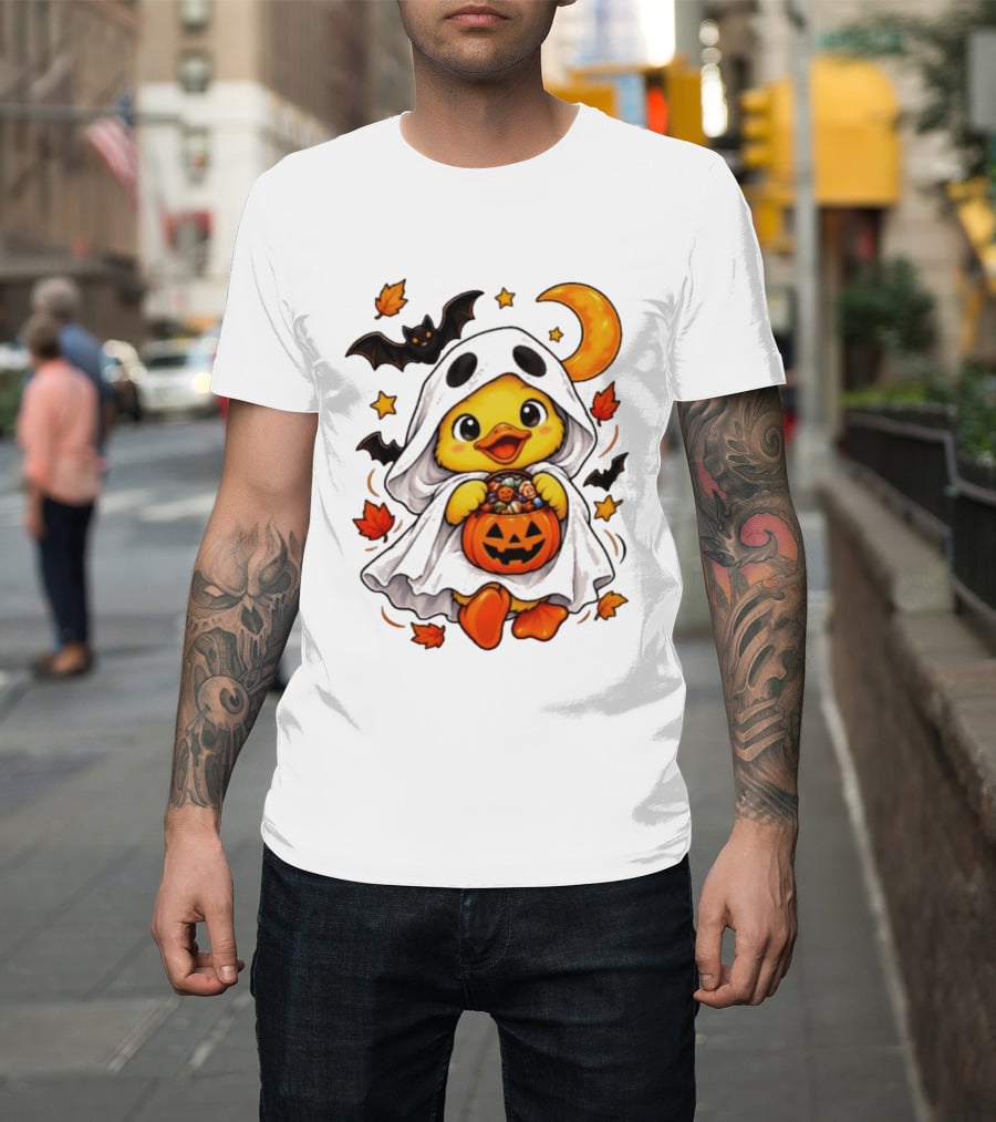 Ghost Ducking With Halloween Pumpkin Candy Bucket Bat Moon And Stars T-Shirt