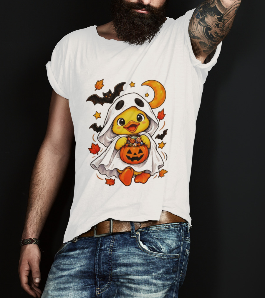 Ghost Ducking With Halloween Pumpkin Candy Bucket Bat Moon And Stars T-Shirt