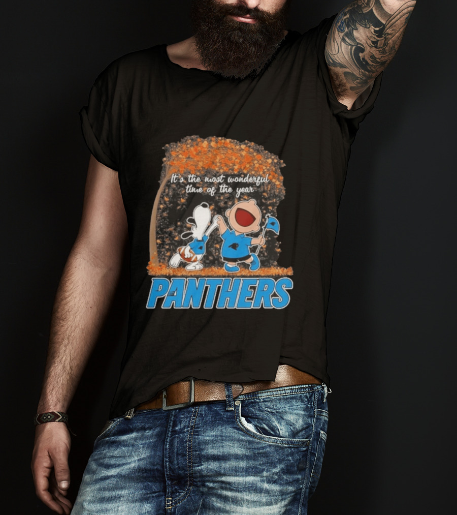 Carolina Panthers Snoopy Charlie Brown Dancing It's The Most Wonderful Time Of The Year 2026 T-Shirt
