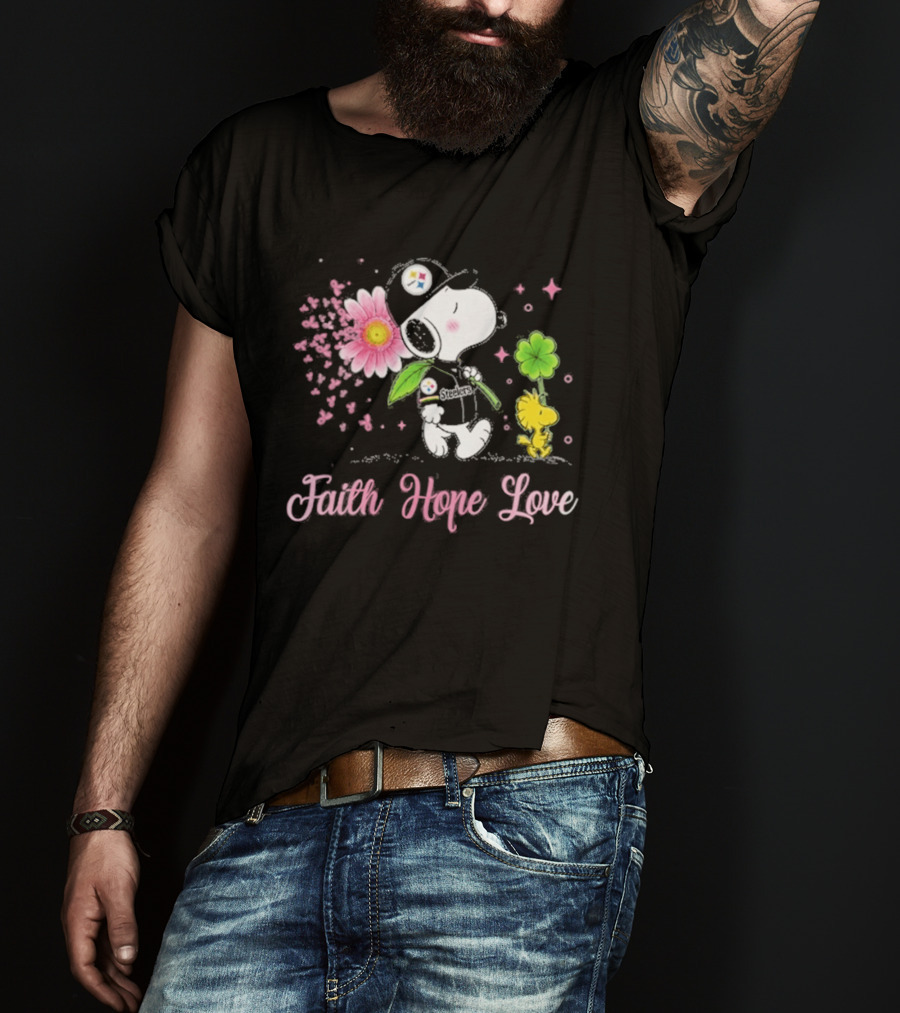 Pittsburgh Steelers Snoopy Woodstock 2026 Faith Hope Love Breast Cancer Awareness T-Shirt