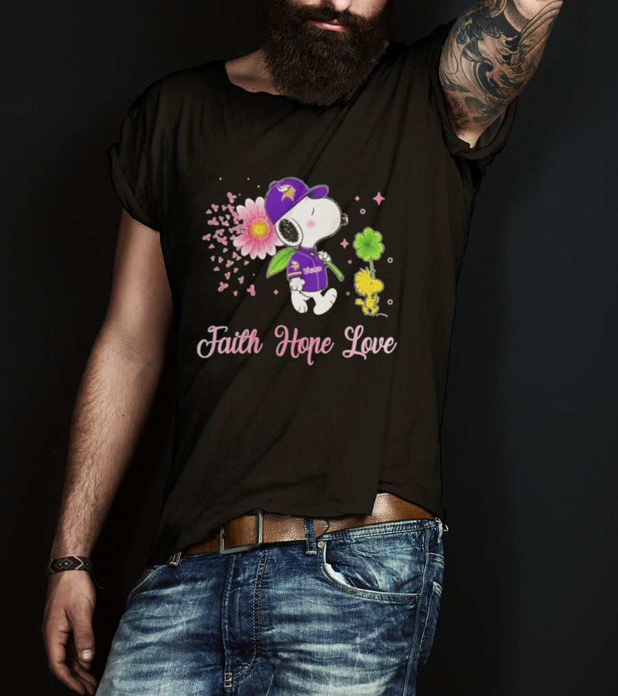 Minnesota Vikings Snoopy Faith Hope Love Breast Cancer Awareness 2026 T-Shirt