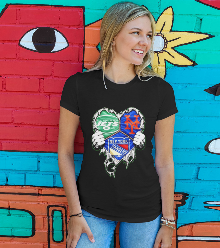 New York Jets Mets Rangers Heart Mashup Scratch T-Shirt