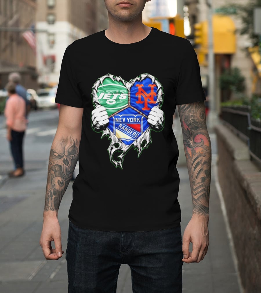 New York Jets Mets Rangers Heart Mashup Scratch T-Shirt