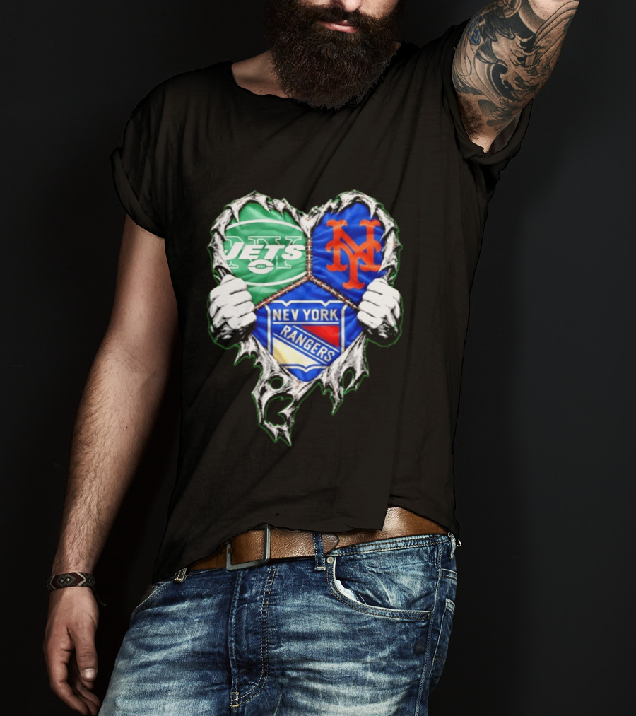 New York Jets Mets Rangers Heart Mashup Scratch T-Shirt
