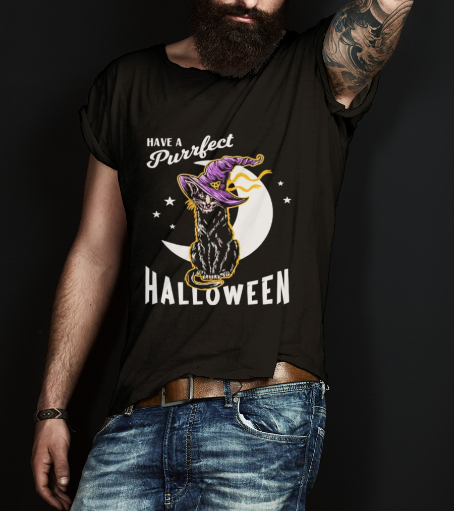Have A Purrfect Halloween Black Cat And Moon With Witch Hat T-Shirt