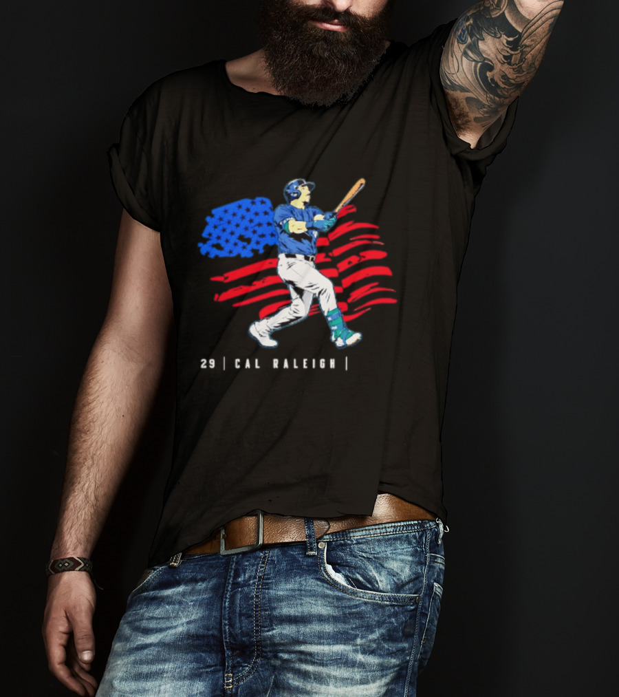 Cal Raleigh Baseball USA Flag Seattle Seahawks T-Shirt