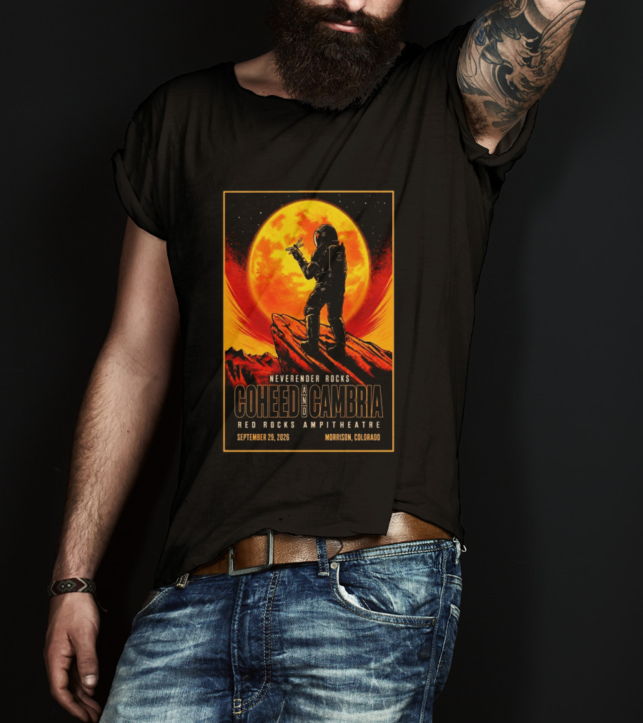 Neverender Rocks Coheed And Cambria Red Rocks Ampitheatre Morrison Colorado September 29 2026 Astronaut Orange Moon Scene T-Shirt